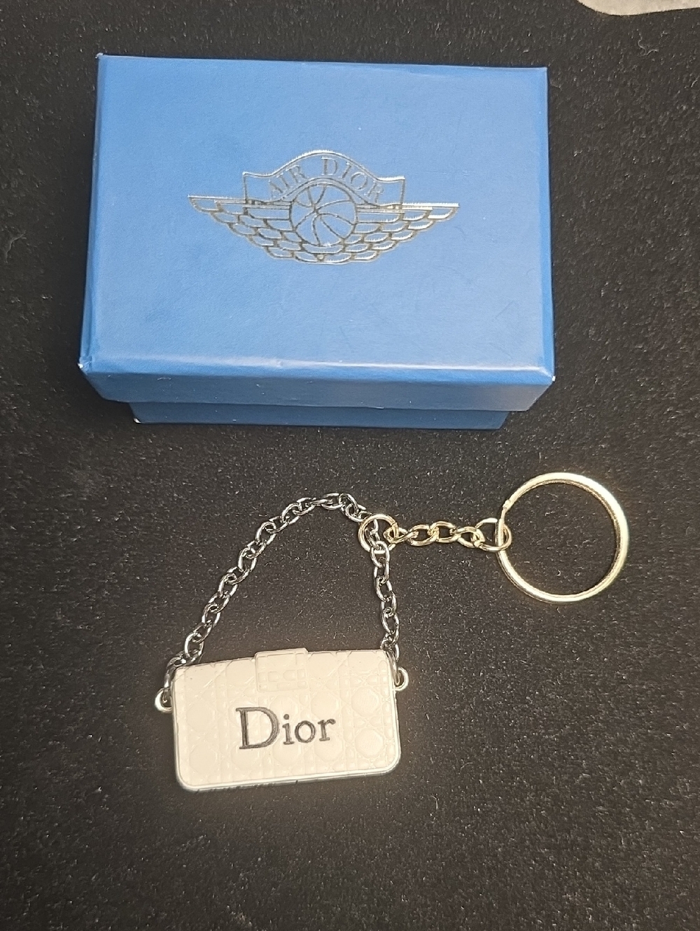 Dior White Mini Bag Keyring with Blue Box Accent